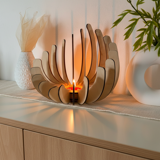 Dřevěný designový svícen „Rozkvetlý květ“